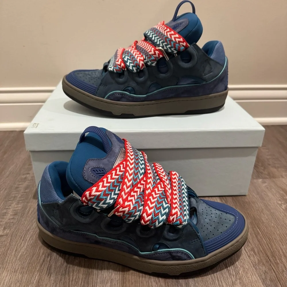 Lanvin Curb Blue Suede Leather Low Top Sneakers